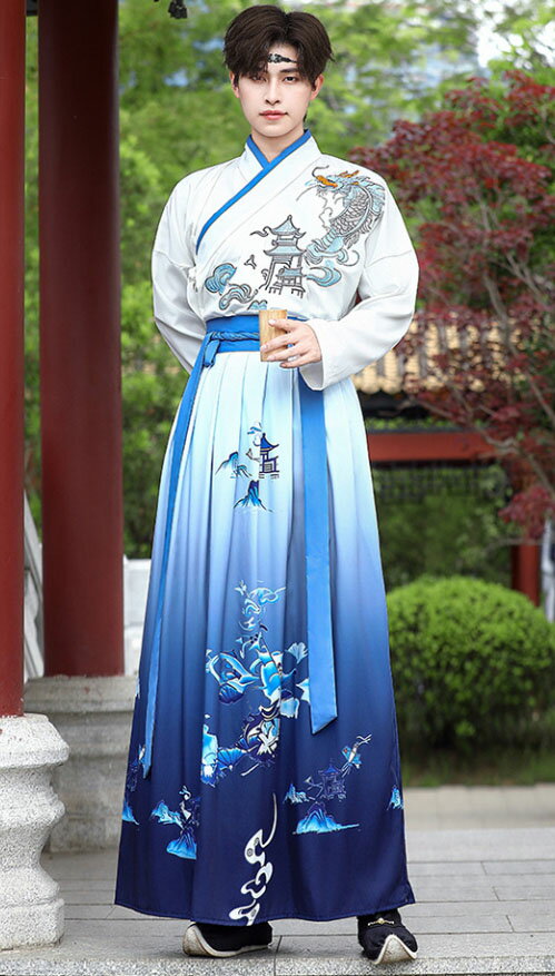 Rakuten - チャイナ服 中華コスプレ衣装 大人 男女兼用 漢服 中国古代服装 メンズ レディース 交差襟の羽織＋巻きスカート上下セットアップ 白系 龍 塔 刺繍 水墨 プリント 中華 時代劇コスチューム 侠客風 中華衣裳 チャイナ風コスプレ 撮影衣裳 S M L XL 2XL 3XL 4XL