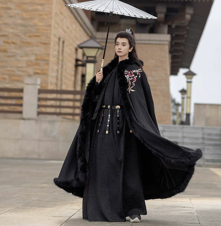 Adult Hanfu Tang Suit Cape, Unisex, Long Length, Fur Trimmed Cape, Men's & Women's, Hanfu, Chinese Clothing, Long Length, Floral Embroidery, Black, Stylish, Dark Style, Chinese Cosplay Costume, Chinese Style, Halloween Coat