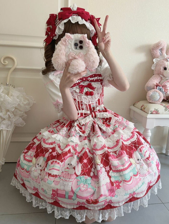 ロリータ ワンピース ジャンパースカート かわいい 膝丈 ショート丈 甘ロリ ゴスロリ ワンピース お姫様 フリル ロリータ服 Lolita レースレース 蝶リボン 裾フリル サクランボ 萌え萌え レディース ロリータファション キャミソール ワンピース ピンク レッド（楽天・純の洋服屋さん）