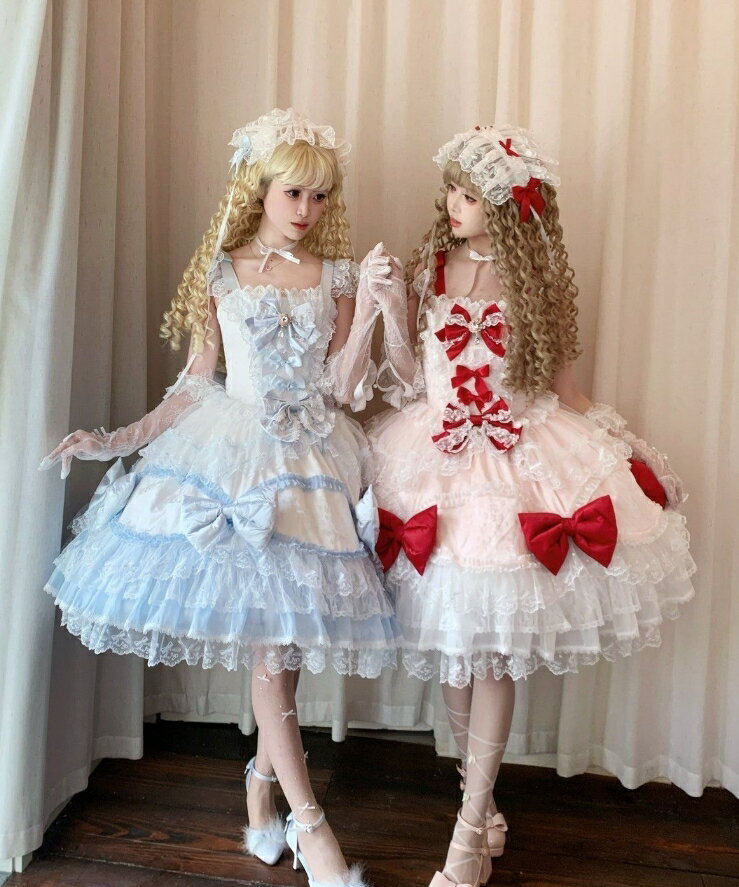ロリータ ドレス ミドル丈 ミモレ丈 ジャンパースカート レディース ゴスロリ＆ロリータ ワンピース 姫様 大きいリボン レース フリル ふわふわ ボリューム 甘ロリー ロリータファッション 洋装 パニエ 髪飾り バックリボン 追加可 ピンク ブルー 白 S M L