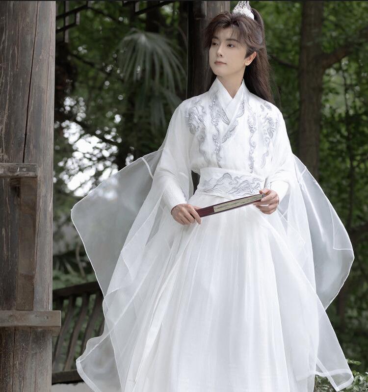 其它 - 大人 漢服 唐装 中華服 チャイナ服 女性 男性 男女兼用 チャイナ古典風コスプレ衣装 6点セット 白 シフォン 飄逸 中華古典漢服 刺繍 交差襟 仙侠 侠客 武侠風 中国古代服装 ベルト アームカバー付き おしゃれ 華流古代全身コスチューム S M L XL 2XL 3XL