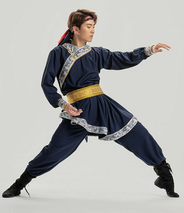 Rakuten - 中華 民族風ダンス衣装 メンズ チャイナ民族風ダンスウェア モンゴル舞踊 お箸の踊り ダンス衣装 長袖 ミドル丈 アシンメトリー裾 チャイナ服 ブラウス 花柄縁取り 中華古典舞踊 民族舞踊 ダンス 練習着 レッスン着 おしゃれ カンフー 武術 表演服 華流舞台衣装 ネイビー