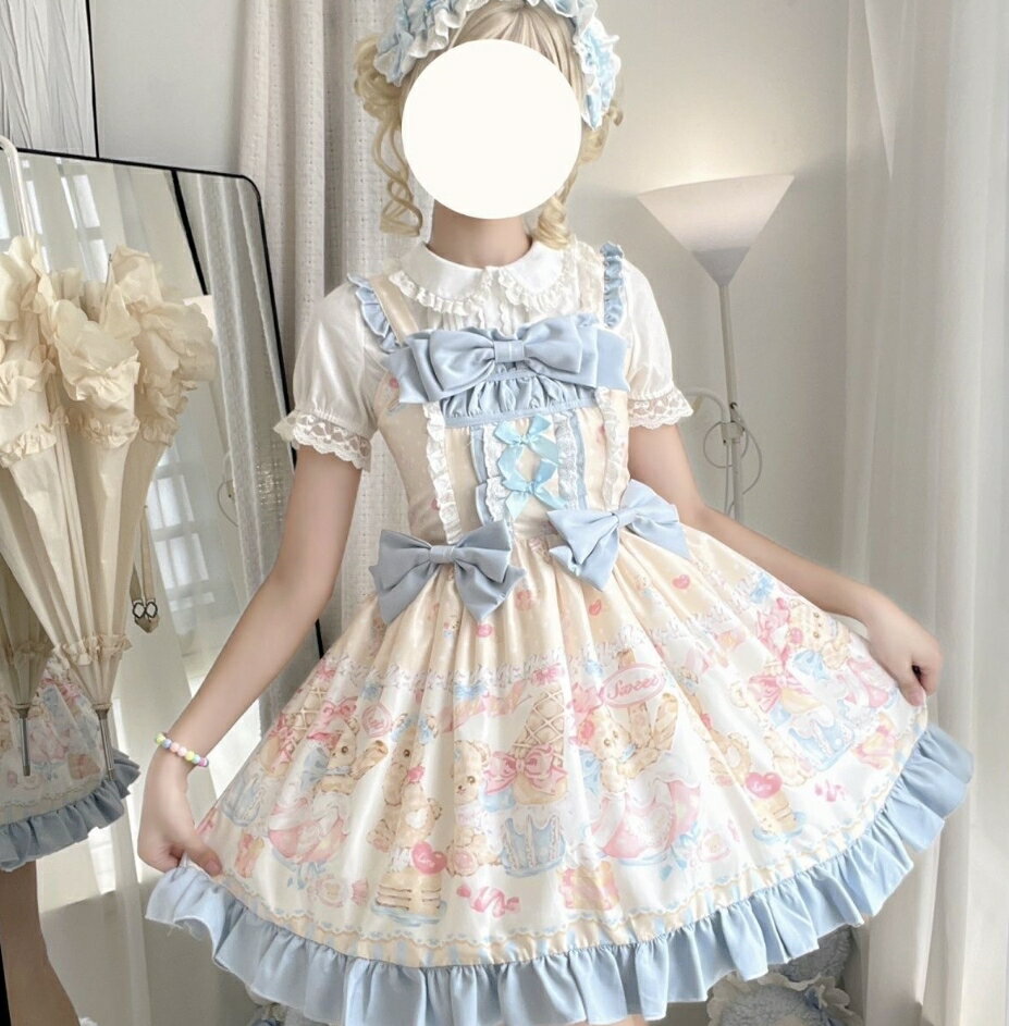 Rakuten - ロリータ ワンピース ショート丈 膝丈 ジャンパースカート 大人 ゴスロリ＆ロリータ服 ミニ ワンピース キャミソール ドレス 萌え萌え クマ プリント 蝶リボン Lolita 甘ロリー ロリータファッション レディース 女子 学生 コスチューム ブルー ピンク S L