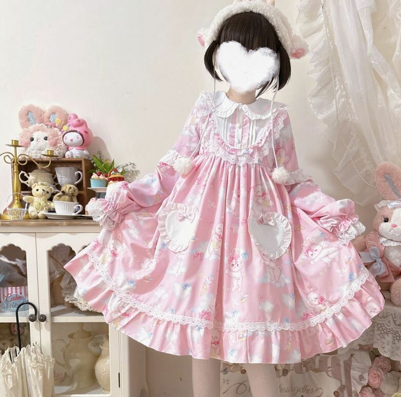 Rakuten - 長袖 ロリータ ワンピース ミドル丈 ミモレ丈 Aライン ハイウエスト 可愛い ロリータ ワンピース ウサギ 兎プリント 耳 襟付き リボン レース 大人 甘ロリー ファッション 洋装 春 Lolita ロリータドレス ゴスロリ ロリータ服 ピンク ブルー S M L