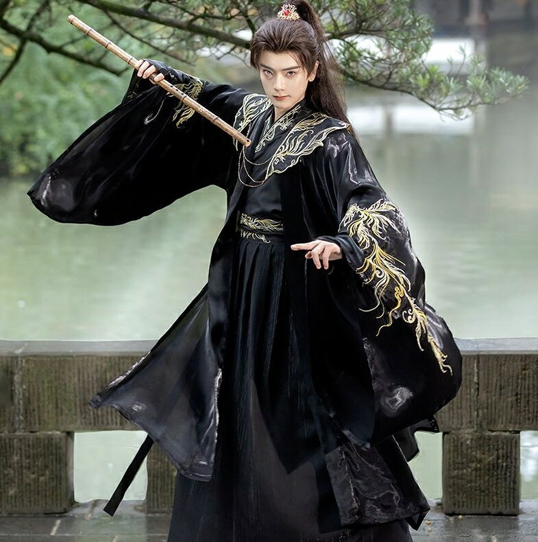 Rakuten - 暗黒系 チャイナ服 5点セット メンズ 黒 おしゃれ 漢服 中華コスプレ衣装 鳳凰 エスニック柄 女性用可 チェーン付き 金色刺繍 振袖羽織 肩飾り 交差襟 中華古代時代劇 侠客風 コスプレ衣装 中華ファッション 古典漢服 華流 パフォーマンス ハロウィン コスプレ衣装 ブラック