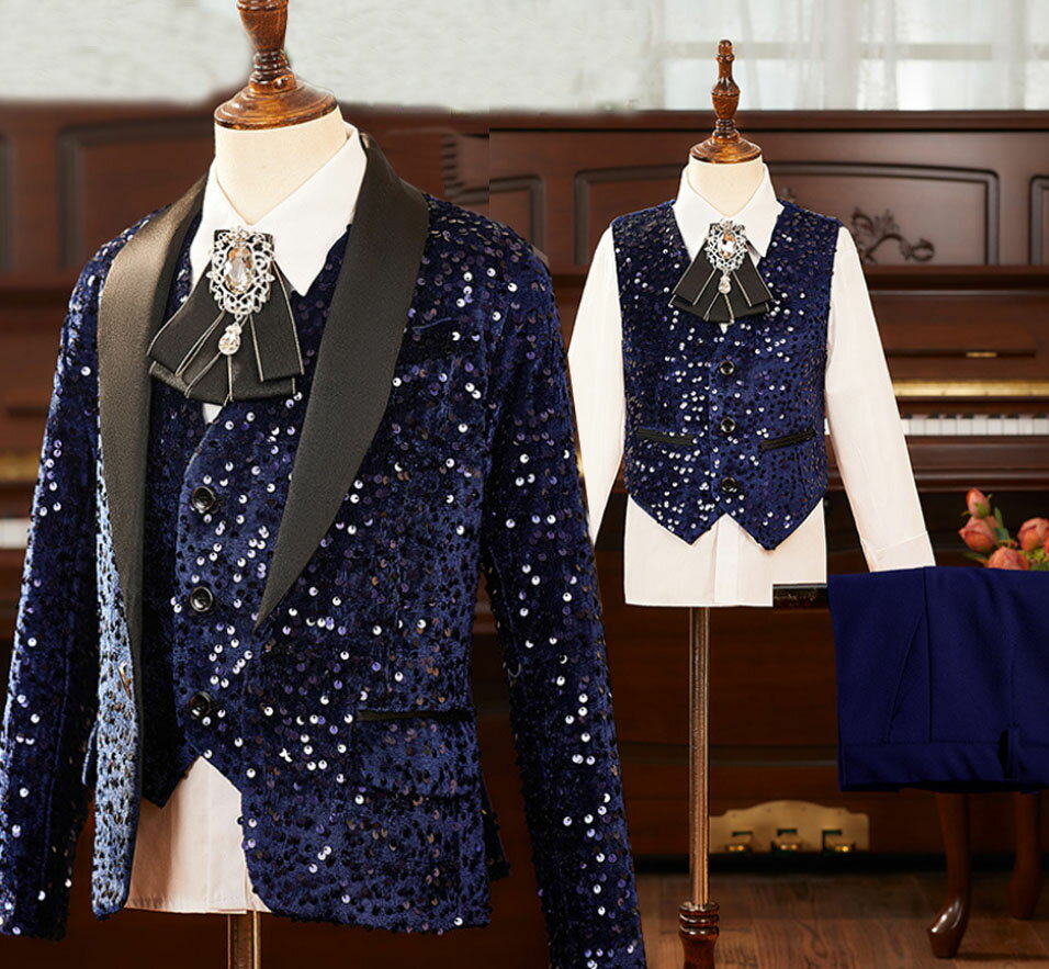 Dress Suits （Girls） - 子供 ステージ衣装 スーツ 礼服 タキシード 男の子 王子様 スパンコール ベルベット スーツ 前開けベスト 長袖 スーツジャケット 蝶ネクタイ 長ズボン シャツ 内容選べる キッズ ジュニア 結婚式 パーティー 発表会 演奏会 舞台 ダンス 演出 衣装 ネイビー 礼服 110～180