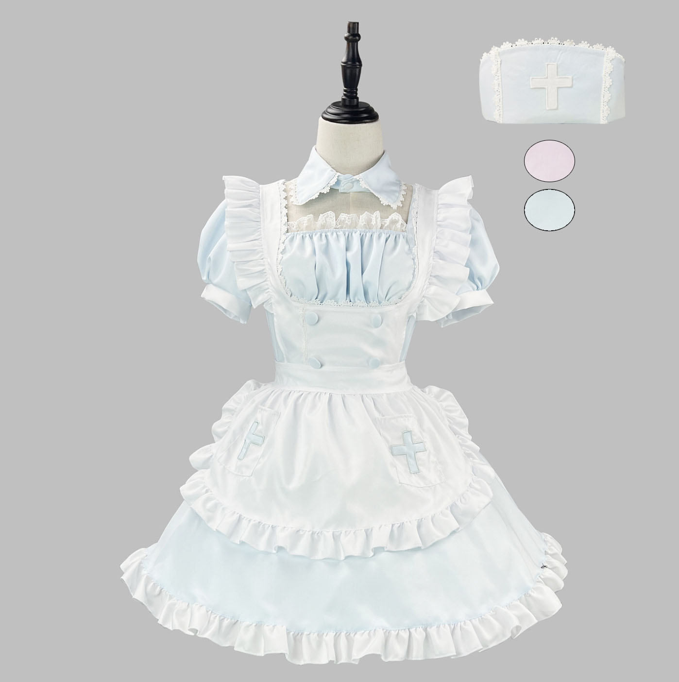 Rakuten - メイド服 半袖 膝丈 ショート丈 メイド服 レディース 女装 ナース 看護婦 メイドコスチューム 大人 十字架 裾フリル エプロンドレス ミニドレス 帽子 つけ襟 ミニ メイド ドレス カッフェ 喫茶店 メイド制服 イベント ハロウィン コスプレ キョート ロリータ メイド服