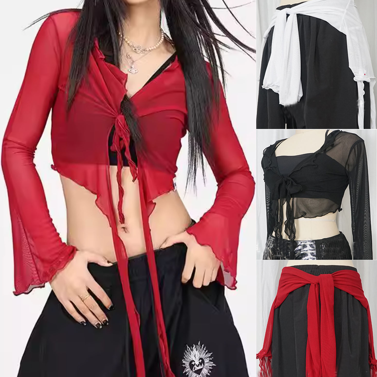 Rakuten - レディース ダンス 衣装 メッシュ チュール 長袖 ブラウス ショート丈 トップス 2WAY 女性 ベリーダンス ラテンダンス 古典ダンス トップス kpop ジャズ ストリート ダンスウエア ヒップスカーフ 両用 おしゃれ 長いリボン セクシー シースルー ボレロ