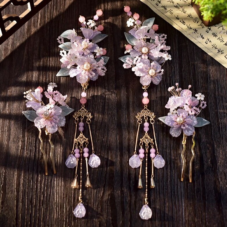 Rakuten - 髪飾り 4点セット 大人 子供 可愛い お花 チェーン付き ヘッドドレス 中華古典 ヘアアクセサリー 髪飾り 中国古代 お姫様 コスチューム 紫 瑠璃 お花 チャイナ服 漢服用 かんざし ヘアピン チャイナ古典 仙女 コスプレ 髪飾り 中華グッズ コスプレグッズ レディース用