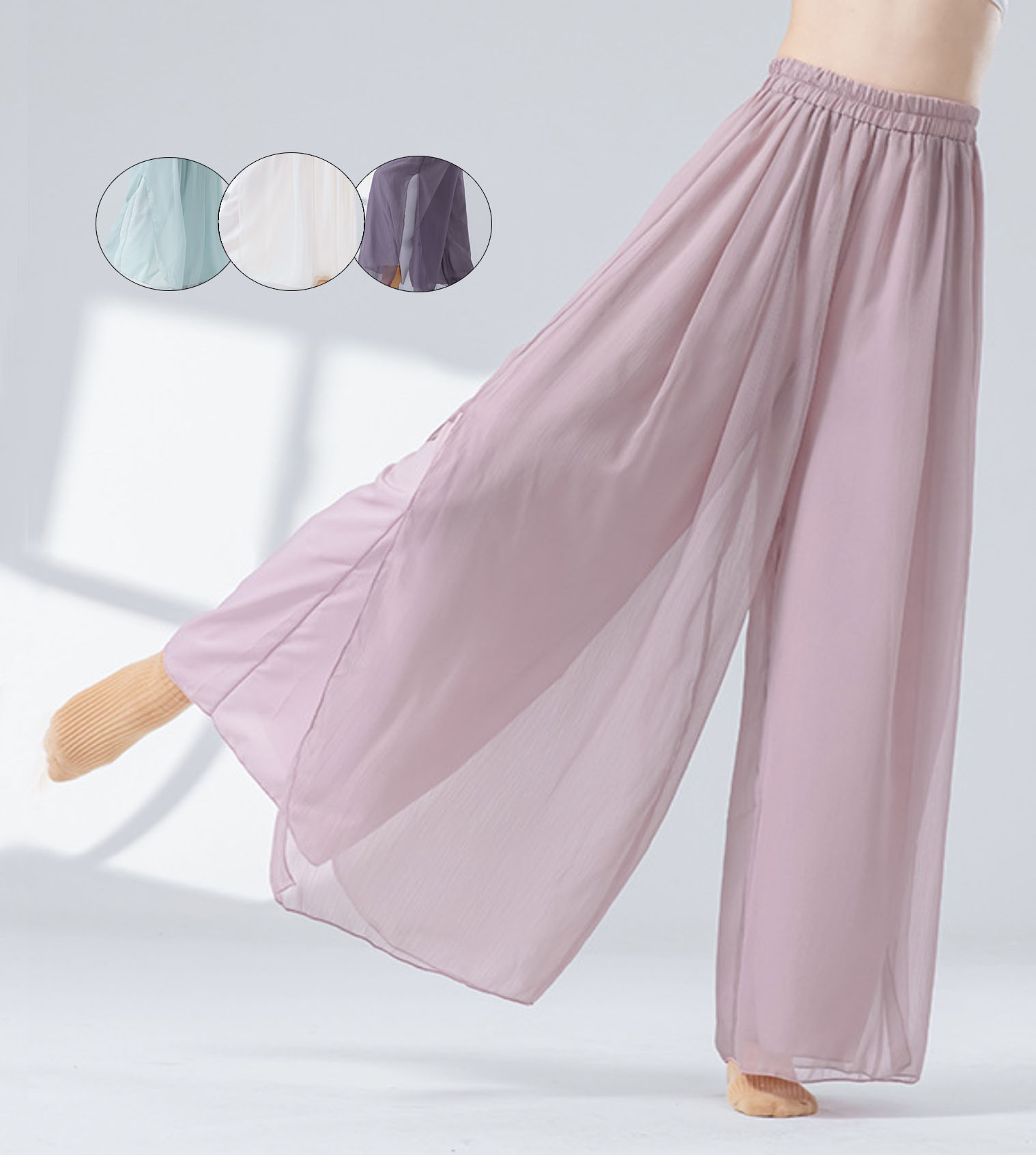 樂天商城 - シフォン ワイドパンツ 二重生地 ふんわり ロングパンツ レディース ダンス用 パンツ 中華古典ダンス チャイナ風民族ダンス 社交ダンス モダンダンス パンツ エレガント 飄逸 ゆったり スカート風パンツ スリット 軽量 ドレープ 美シルエット 白 ブルー ピンク パープル