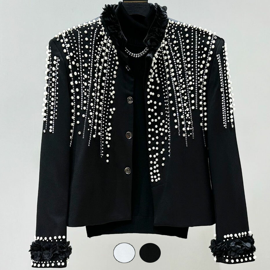 Rakuten - メンズ ジャケット スタンドカラー ノーカラー 立衿 長袖 ショート丈 ハイウエスト パール＆ラインストーン いっぱい飾り ネックと袖にお花付き おしゃれ 男性 大人 舞台 ステージ衣装 ジャズ 演出 ダンス ジャケット 春秋アウター 黒 白 S M L XL 2XL 3XL 4XL