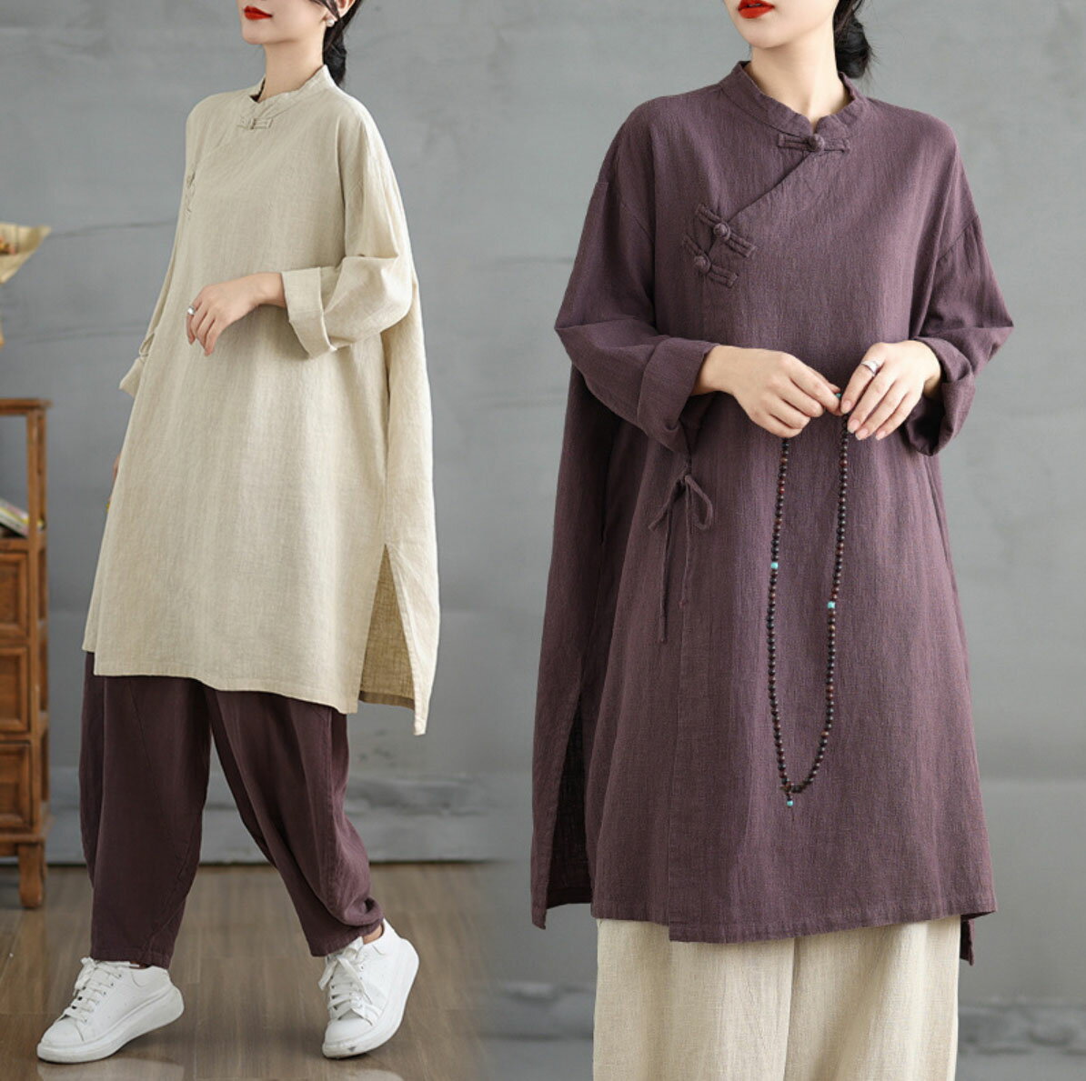 Long-Sleeved - レディース 春ブラウス 新作 長袖 ミドル丈 綿麻 ブラウス チャイナボタン ナチュラル チャイナブラウス ゆったり 中華民族風 エスニック チュニック サイドスリット リネン シャツ 上質 ヨガ 静坐 太極拳 ブラウス カジュアル服 ベージュ パープル L XL 2XL