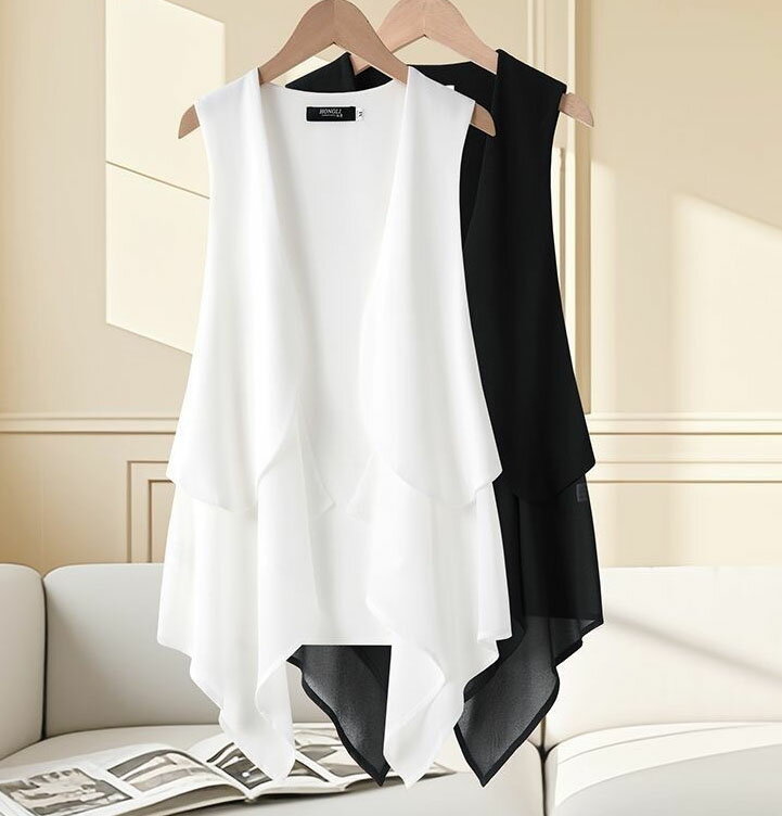 Rakuten - ベスト シフォン ベスト レディース ノースリーブ ブラウス 前開け ショート丈 ミドル丈 裾シフォン 切り替え 春夏秋向け 薄め スリム 韓国ファッション レイヤード着 無地 黒 白 S M L XL 2XL 3XL