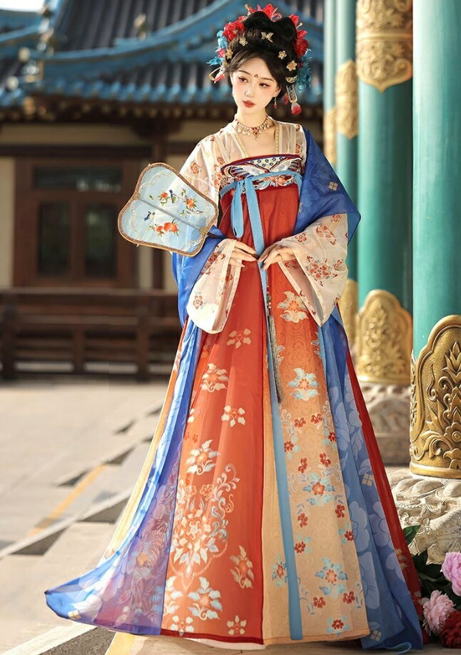 大人 漢服 唐装 古典チャイナドレス 春夏 爽やか 中華コスプレ衣装 ストール付き3点セット かわいい 唐朝 中国古代服装 小袖 ブラウス＋ロングスカート エスニック 刺繍 花プリント 中華古典古代 時代劇 仮装 変装 改良 チャイナ服 中華 華流 コスプレ衣装 黒赤 白赤