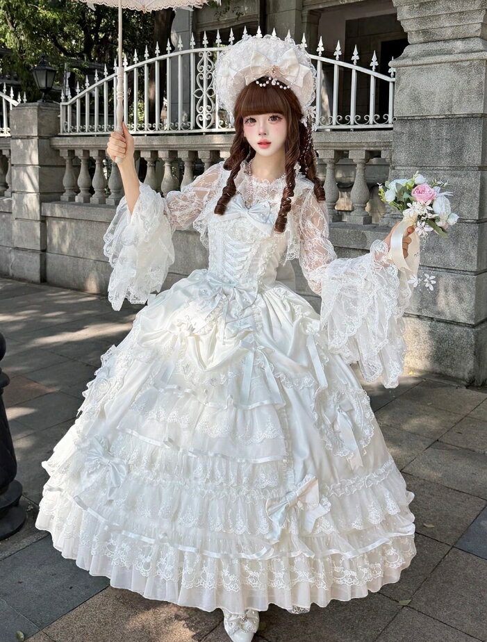 Rakuten - ロング丈 ロリータ ドレス 大人 ミモレ丈 ゴスロリ＆ロリータ ドレス ジャンパースカート ピンク 白 花嫁ドレス カラードレス Lolita 甘ロリー ロリータファッション 洋装 結婚式 披露宴 ウエディングドレス 可愛い Aライン プリンセス レースフリル 蝶リボン S M L