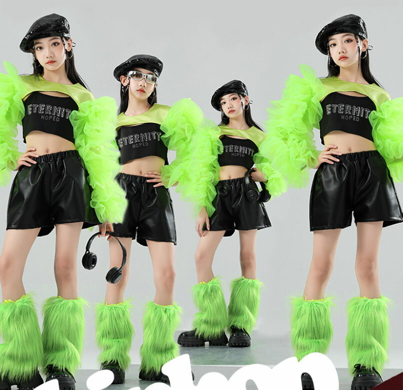 Rakuten - 子供 ダンス衣装 女の子 ジャズ ストリート ダンス衣装 新鮮な緑 チュールフリル 長袖アームウォーマ ミニ丈トップス フェイクレザー ショートパンツ ラインストーン付 キャミソール モード系 キッズ ジュニア ヒップホップ HIPHOP モデルショー ステージ衣装 公演服