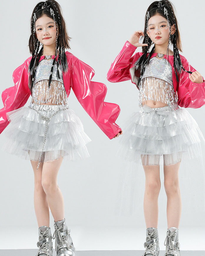 Rakuten - 女の子 ストリート系 ダンス衣装 子供 発表会 ダンス会 お揃い ステージ衣装 ショッキングピンク 長袖 ショート丈 フェイクレザー トップス スパンコール フリンジ付き キャミソール ミニ丈 ティアード チュチュスカート モード系 キラキラ ジャズ ストリート ダンスウエア