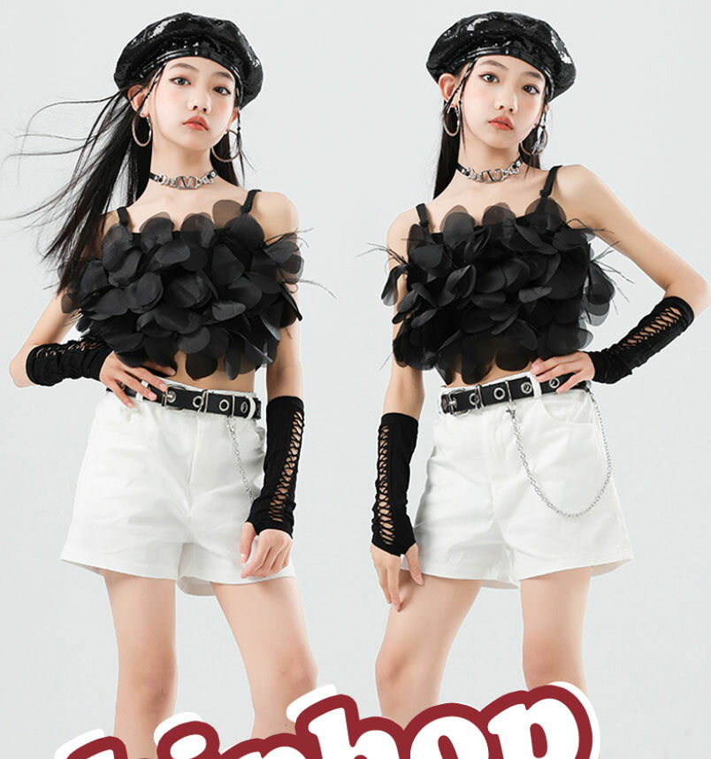 女の子 ステージ ダンス衣装 ジャズ ヒップホップ ダンスウエア 子供 黒＋白 花びらいっぱい キャミソールトップス＋…