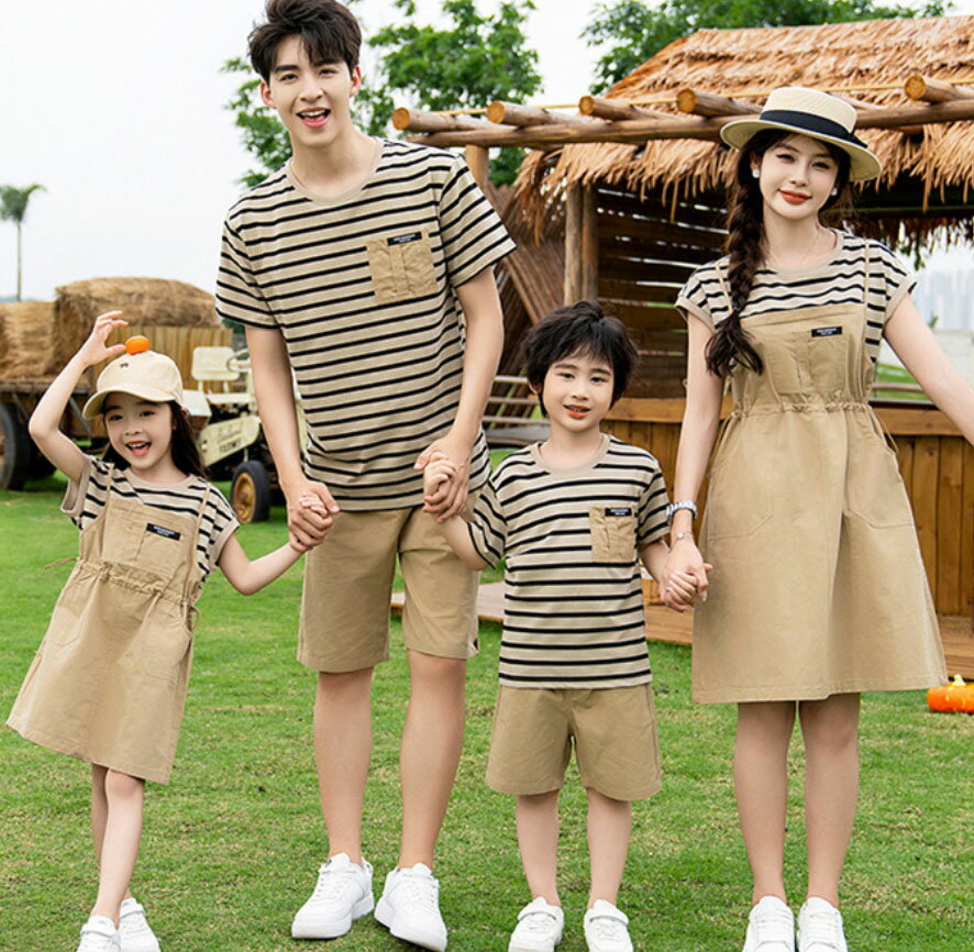 Rakuten - 親子 ペアルック 夏ウエア 半袖 ボーダー Tシャツ ショー ショートパンツ レイヤード風 ミドル丈 ワンピース ブラウン系 親子 家族 カップル 兄弟 お揃いウエア メンズ レディース 子供 大人 夏服 単品とセットアップ 選べる 夏 カジュアル服 90～160 S～4XL