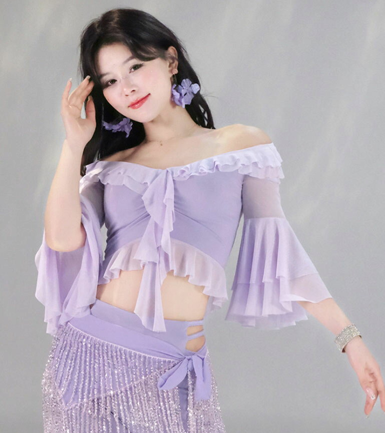 大人 ベリーダンス トップス 七分袖 Vネック フリルいっぱい ダンス用 ブラウス シ...