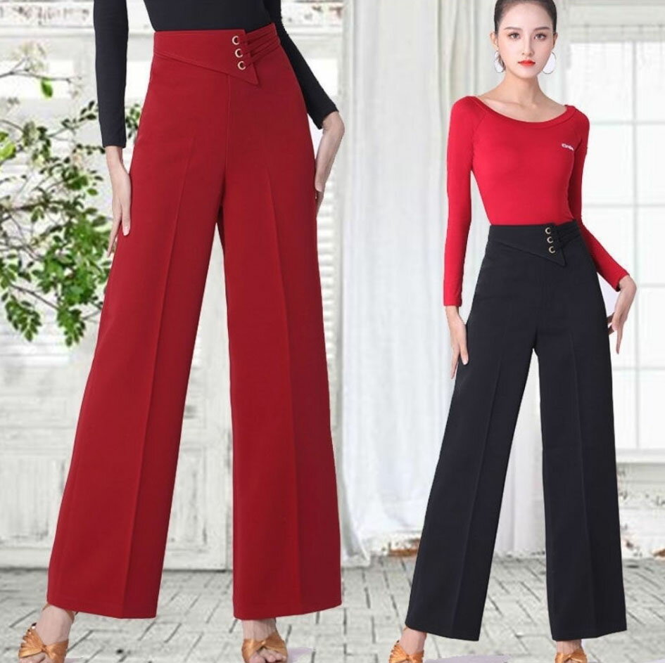 Rakuten - ラテン モダンダンスパンツ レディース ハイウエスト ストレート ダンスパンツ 3色 ラテン モダン インターナショナル サンバ ダンスウェア 練習着 レッスン着 黒 ワインレッド グリーン S M L XL 2XL 3XL 4XL