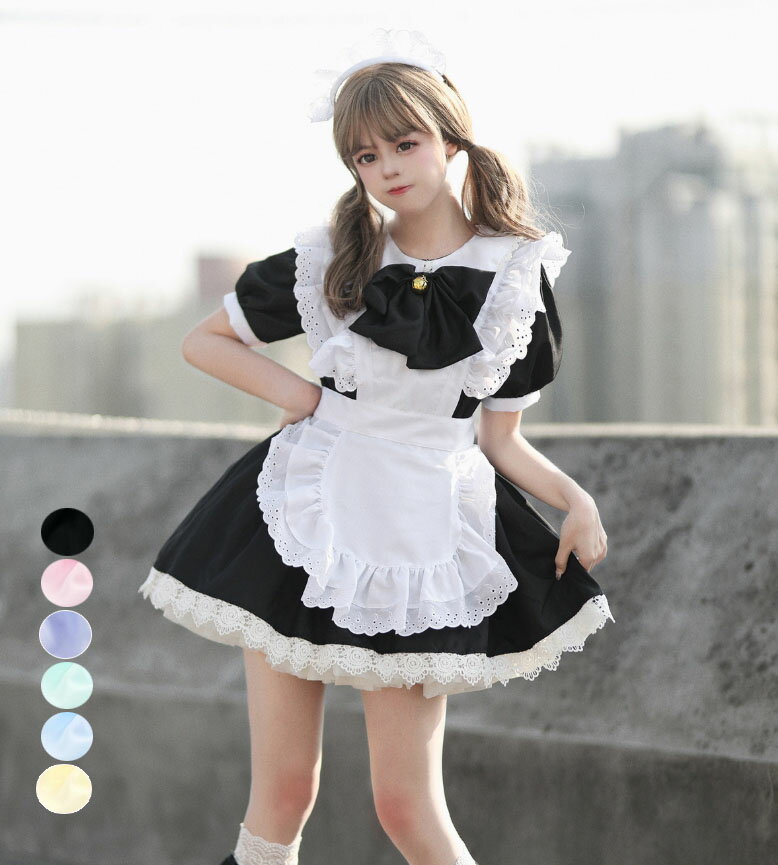 乐天商城 - ショート丈 メイド服 大人 レディース 半袖 膝丈 メイドコスチューム 白＋黒 ゴシック メイド服 ロリータ メイド ドレス ハロウィン衣装 コスチューム 半袖 Aライン エプロンドレス 猫ちゃん 喫茶店 カフェ 制服 ハロウィーン COSPLAY 変装 仮装 裾レース カチューシャ付き