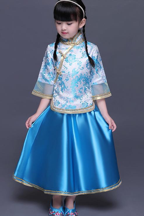 子供中華服　七分袖ブラウス　スカート上下2点セット　チャイナ服　華流チャイナドレス　女の子チャイナ衣装　中国風パーティードレス　華流コスプレ衣装漢服　古典演出ウエア　ステージ舞台ダンス衣装
