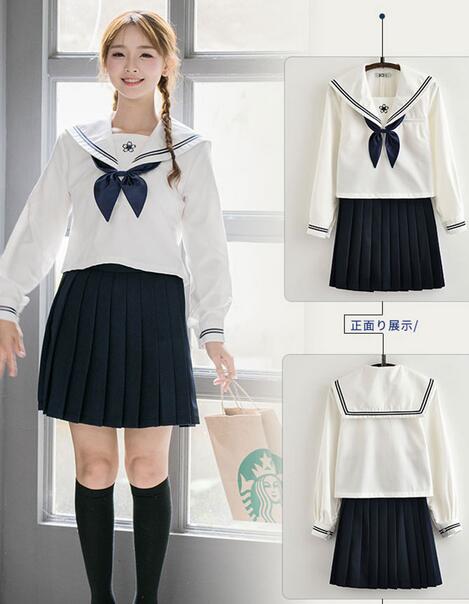 女子高生JK制服 半袖長袖あり マリン風ブラウス+膝丈プリーツスカート二点セット 中学生高校生セーラー風制服 ストッキング付き 団体服 コスプレ衣装 学園風 ネイビー 春夏秋