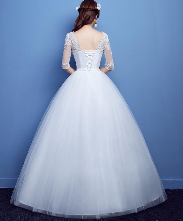 ロングウエディングドレス　七分袖スパンコールウエディングドレス　結婚式披露宴フォマールドレス　二次会前撮りドレス　ロケ撮影ドレス　舞台演出ドレス　ボリュームドレス　可愛いリボン　ベールパニエグローブ対応可 2