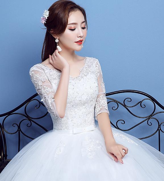 ロングウエディングドレス　七分袖スパンコールウエディングドレス　結婚式披露宴フォマールドレス　二次会前撮りドレス　ロケ撮影ドレス　舞台演出ドレス　ボリュームドレス　可愛いリボン　ベールパニエグローブ対応可 3