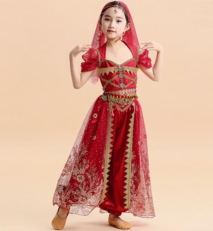 子供 ベリーダンス 衣装 アラジン ジャスミン風 ダンス練習着 レッスン着 コスプレ キッズ 女の子 アラジン プリンセス コスチューム ハロウィン 仮装 コスプレ衣装 半袖 ショート丈トップス ロング アラジンパンツ スパンコール 花 ベール 小物 ステージ衣装