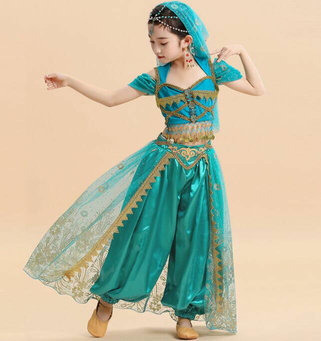 子供ベリーダンス 衣装 アラジン ジャスミン風 ダンス練習着 レッスン着 女の子 プリンセス コスチューム ハロウィン 仮装 子供 ベリーダンス 税込 アラジンパンツ 小物 ロング コスプレ衣装 半袖 ショート丈トップス ステージ衣装 キッズ スパンコール ベール 花