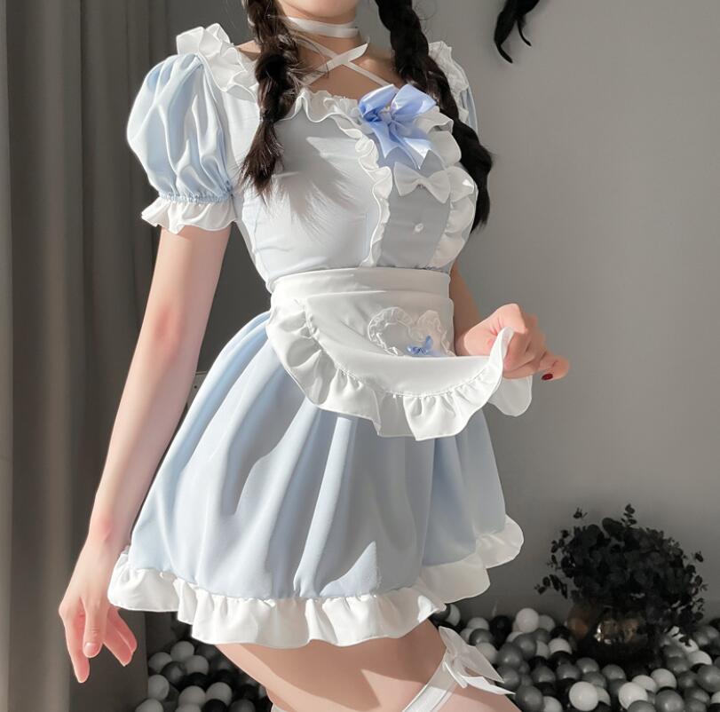 ハロウィン コスプレ メイド服 レディース 女子 ジュニア 萌え萌え 半袖 裾フリル リボン エプロンドレス ハート 可愛い ミニ丈 ショート丈 ゴスロリ ロリータ ワンピース セクシー 学園祭 イベント コスチューム 仮装 変装 パニエ ニーハイソックス追加可 ピンク ブルー junchan-10009047 純の洋服屋さん サンプル画像2