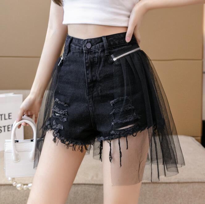 츄츄 첨부 데님 팬츠 미니 길이 쇼트 길이 데님 팬츠 레이디스 어른 블랙 츄츄 튤 첨부 분리 가능 프릴 츄츄 A라인 구멍 데미지 가공 섹시 여름 캐주얼 미품 개성 레이디스 패션 블랙 SML XL 2XL