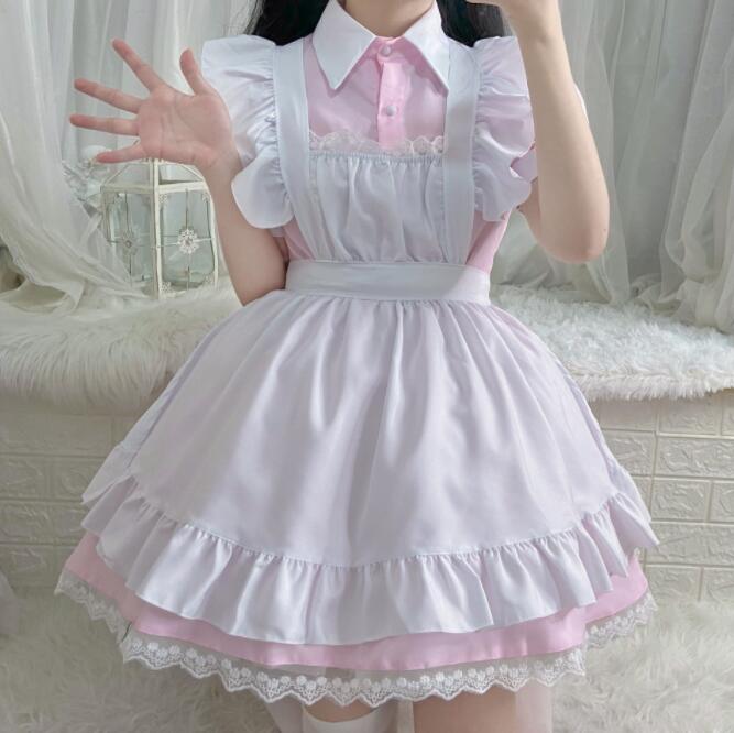 メイド服 レディース コスチューム ハロウィン コスプレ衣装 半袖 膝丈 ショート丈 ワンピース メイド コスチューム 可愛い 喫茶店 エプロン ウェイトレス コスプレ 裾フリル レース裾 萌え萌え メイド 仮装 変装 ロリータ ワンピース 黒 ピンク ブルー XS S M L XL 2XL