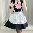 大人 メイド服 ロリータ メイド コスチューム 女装 仮装 半袖 ショート丈 ワンピース ピンクリボン 可愛い lolita ロリータファション エプロン ドレス Halloween Cosplay ウェイトレス レディース 女子 学生 萌え萌え 変装 猫ちゃん 猫耳 猫爪手袋 購入可 黒＋白 S M L XL