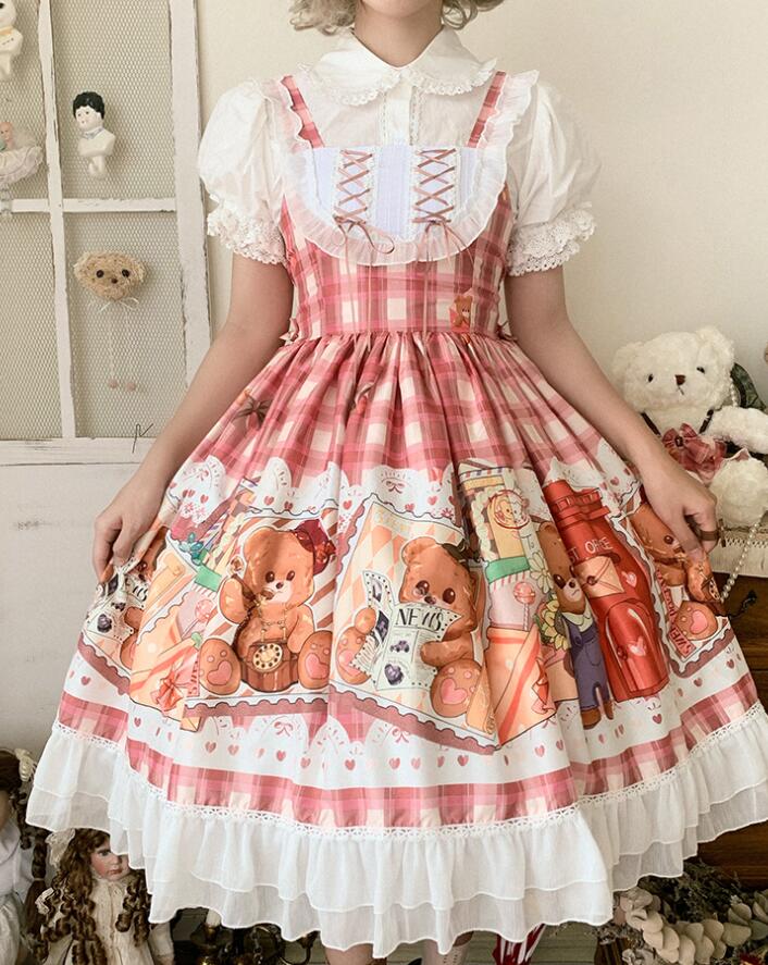 ジャンパースカート ロリータ ワンピース 可愛い ゴスロリ ロリータ ドレス 膝丈 ミモレ丈 lolita jsk ワンピース チェック柄 くま プリント 裾フリル キュート お姫様 ワンピース 学園祭 ハロウィン コスプレ衣装 萌え萌え レッド系 大人 女子 S M L