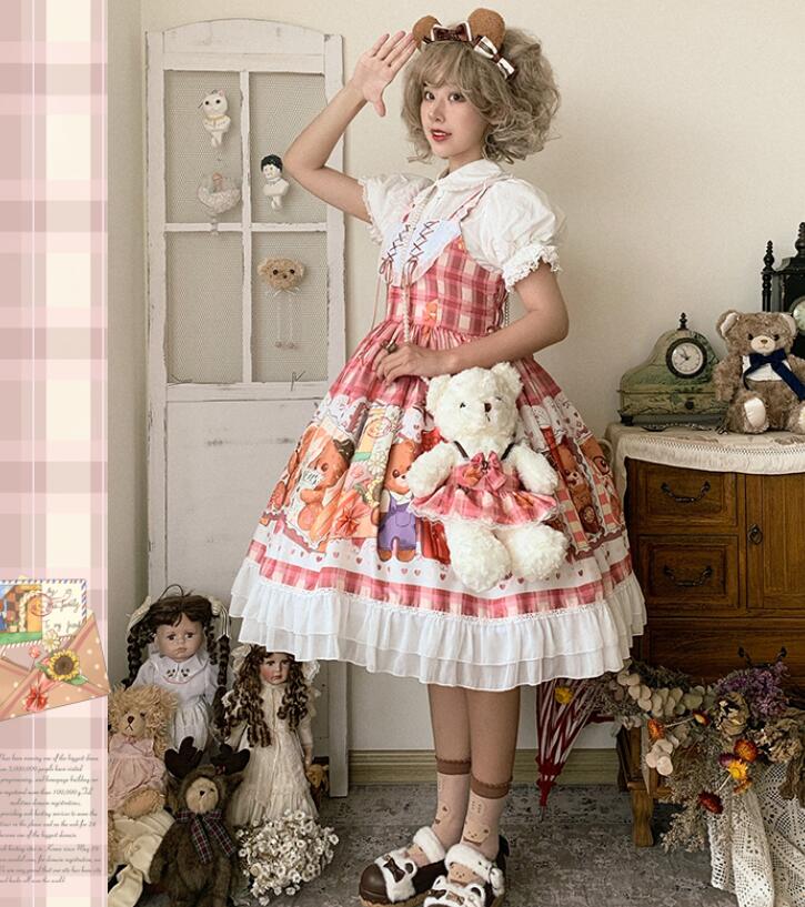 ジャンパースカート ロリータ ワンピース 可愛い ゴスロリ ロリータ ドレス 膝丈 ミモレ丈 lolita jsk ワンピース チェック柄 くま プリント 裾フリル キュート お姫様 ワンピース 学園祭 ハロウィン コスプレ衣装 萌え萌え レッド系 大人 女子 S M L