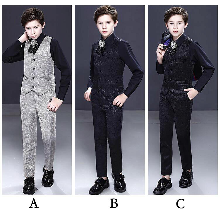 純の洋服屋さんのキッズ スーツ 礼服 ベスト ジレ 3点セット 4点セット 男の子 男児 紳士服 ベスト スーツ 長ズボン 長袖 ワイシャツ 光沢 花柄 無地 おしゃれ 発表会 結婚式 七五三 入学式 入園式 スーツ 子供服 格好良い 舞台衣装 ステージ衣装 110 120 130 140 150 150 170 グレー 青 黒｜アングル2