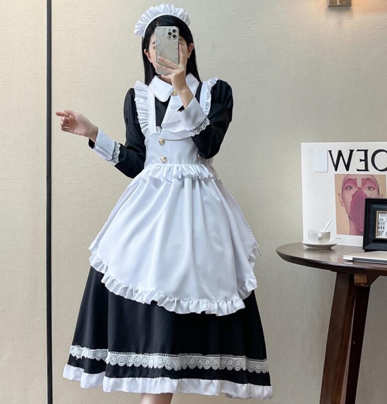 4点SET メイド服 大人 長袖 メイドコスチューム ロング ミモレ丈 ワンピース 裾フリル お姫様 可愛い メイドコス エプロン ウェイトレス レディース 貴族 cosplay 髪飾 フリルネクタイ付 ロリ…