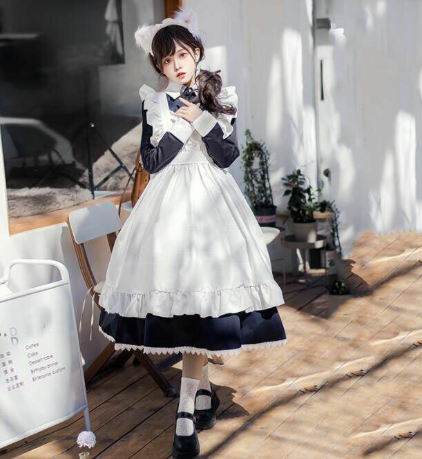 メイド服 長袖 ロング丈 メイドコス レディース 大人 メイド コスチューム ウェイトレス エプロンドレス 可愛い レース 裾フリル ハロウィン衣装 コスプレ衣装 ロリータワンピース Lolita イベント 学園祭 COSPLAY 黒＋白 S M L XL 2XL