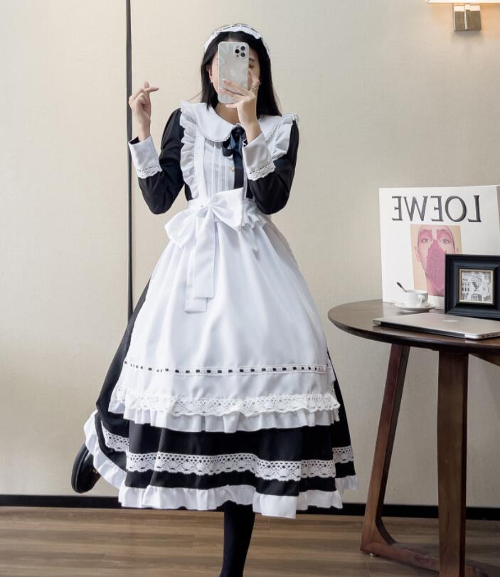 メイド服 メイドコス ハロウィン メイドコスプレ衣装 長袖 半袖 ロング丈 ショート丈 かわいい ロリータドレス lolita エプロンドレス レース 裾フリル 大きいリボン ウェイトレス 女性 大人 メイド コスチューム カッフェ 喫茶店 制服 S M L XL 2XL 3XL 4XL 5XL 2