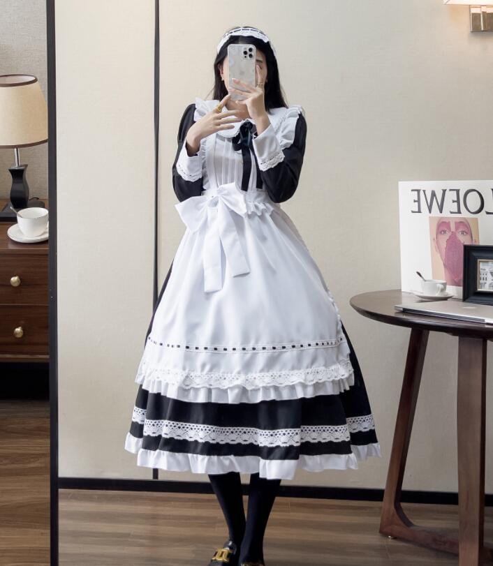 メイド服 メイドコス ハロウィン メイドコスプレ衣装 長袖 半袖 ロング丈 ショート丈 かわいい ロリータドレス lolita エプロンドレス レース 裾フリル 大きいリボン ウェイトレス 女性 大人 メイド コスチューム カッフェ 喫茶店 制服 S M L XL 2XL 3XL 4XL 5XL 3