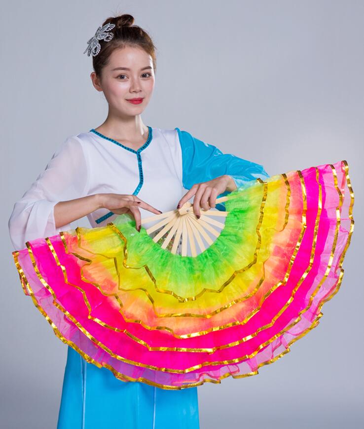 中華ダンス用 扇子 舞台 ステージグッズ シフォン フリル重ね ふわんり グラデーシ...