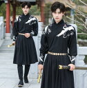 男性用 漢服 中華 コスプレ衣装 チャイナ服 パンツセット ミモレ丈 交差襟 長袖 黒 メンズ 中国 古代 時代劇 仮装 変装 華流 コスチューム 舞台 ステー...