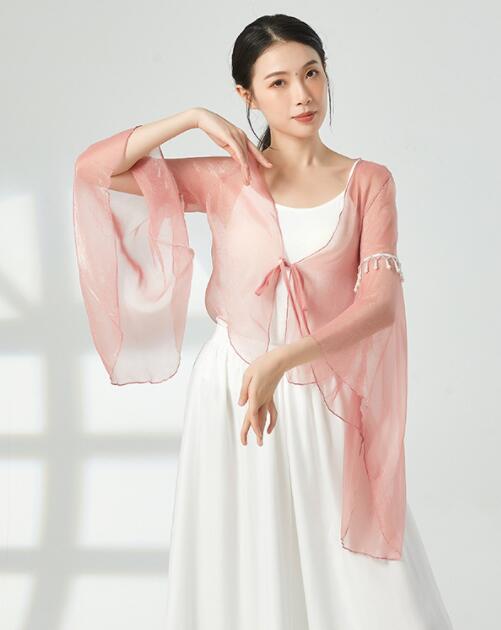 ダンス衣装 中華古典舞踊 ダンスウェア 中国踊り 古典ダンス バレエ トップス Vネック 前開き シフォンブラウス 長袖 振袖 ラッパ袖 フレア袖 袖にパールストラップ 可愛い 無地 光沢感 ショート丈 透け感 透明 エレガント 女性 大人用 チャイナ民族ダンス練習着 レッスン着