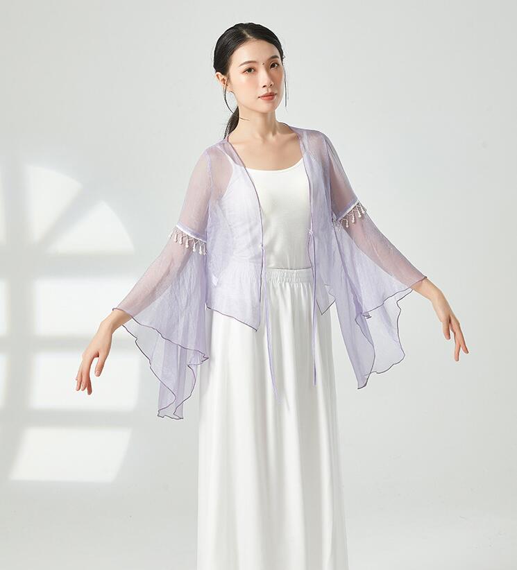 ダンス衣装 中華古典舞踊 ダンスウェア 中国踊り 古典ダンス バレエ トップス Vネック 前開き シフォンブラウス 長袖 振袖 ラッパ袖 フレア袖 袖にパールストラップ 可愛い 無地 光沢感 ショート丈 透け感 透明 エレガント 女性 大人用 チャイナ民族ダンス練習着 レッスン着