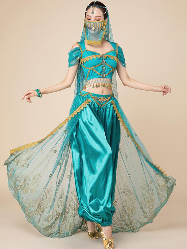 ベリーダンス衣装レディース大人アラジンジャスミン風ダンス練習着レッスン着コスプレハロウィン仮装半袖ショート丈トップスロングサルエルアラジンパンツスパンコール花孔雀刺繍プリンセスコスチュームベールフェイスベール小物ステージ演出衣装