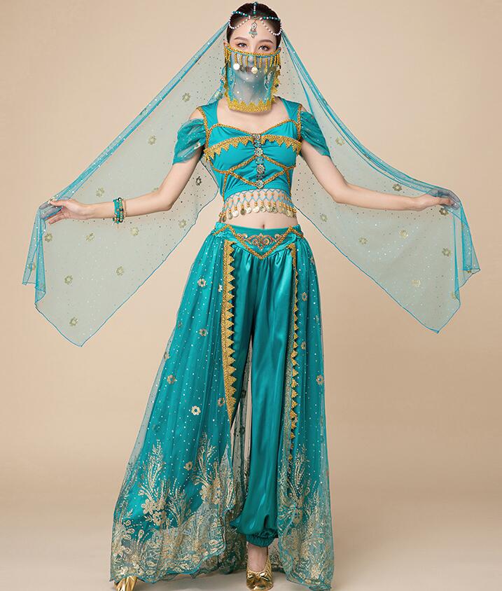 ベリーダンス衣装レディース大人アラジンジャスミン風ダンス練習着レッスン着コスプレハロウィン仮装半袖ショート丈トップスロングサルエルアラジンパンツスパンコール花孔雀刺繍プリンセスコスチュームベールフェイスベール小物ステージ演出衣装