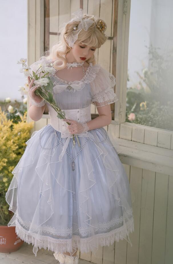 ロリータ ワンピース 甘ロリー ロリータ服 半袖 膝丈 ショート丈 ロリィタ Lolita お姫様 茶話会 プリンセスドレス 商店 フリル リボン 学園祭 コスチューム コスプレ衣装 レース スイート系 文化祭 チュール ブルー 可愛い ゴスロリ ロリータファション 送料無料